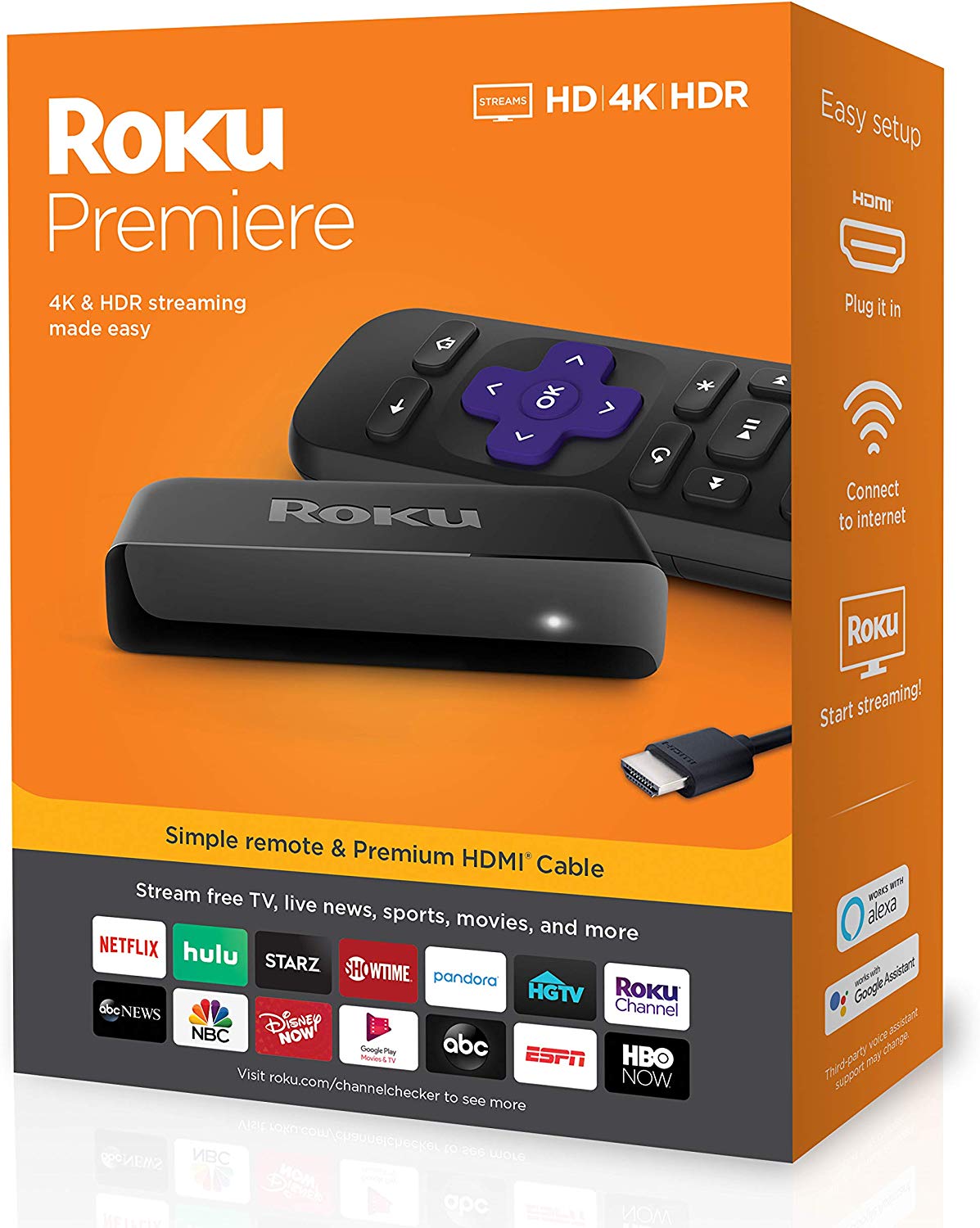 Reprodutor de mídia de streaming Roku Premiere HD/4K/HDR Controle remoto simples e cabo HDMI premium