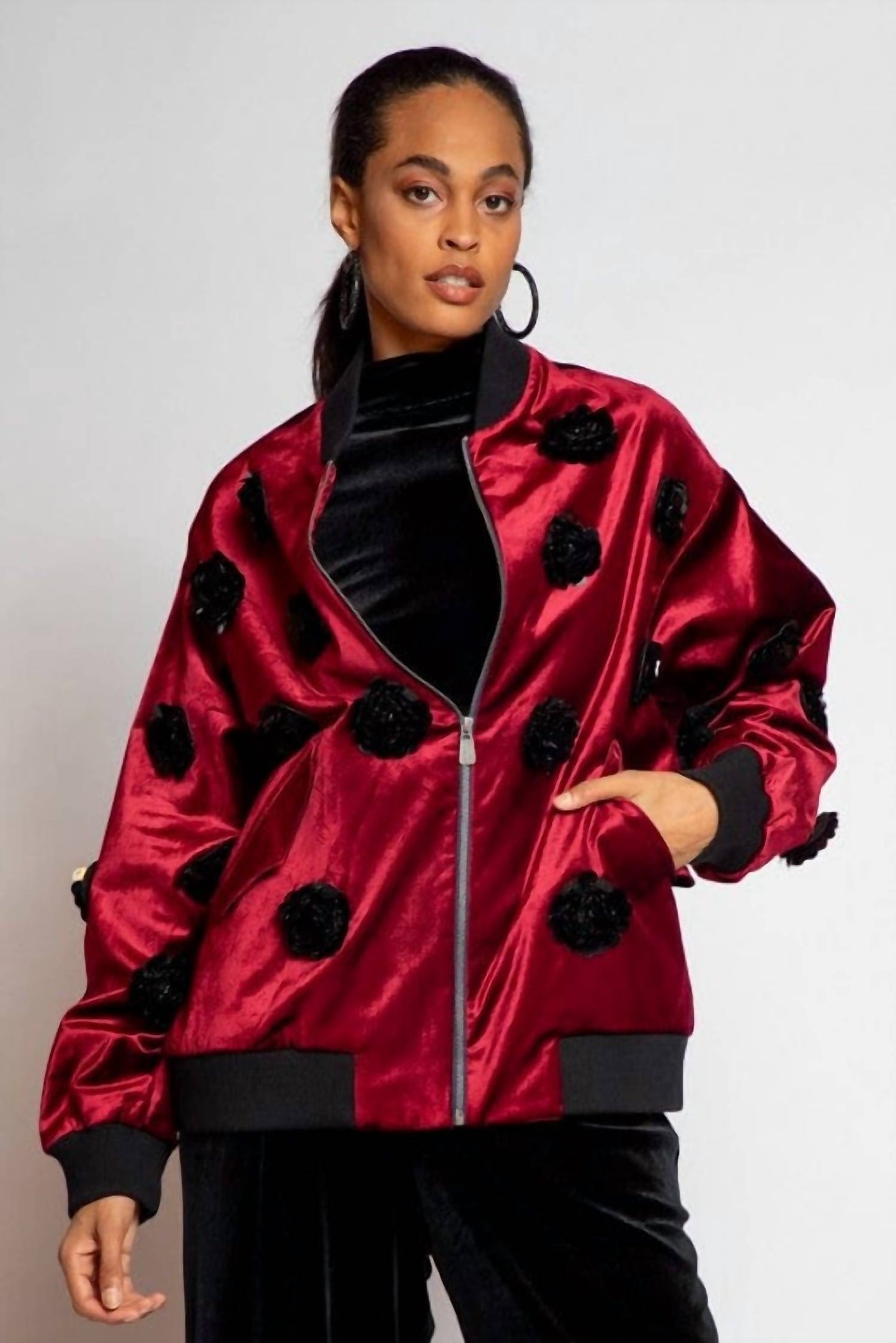 Eva Franco - Velvet Floral Embroidered Bomber Jacket
