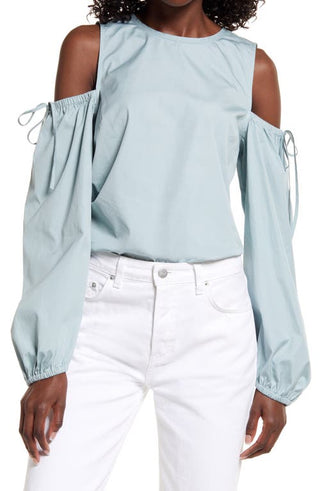 Cold Shoulder Cotton Poplin Shirt - Teal Mist