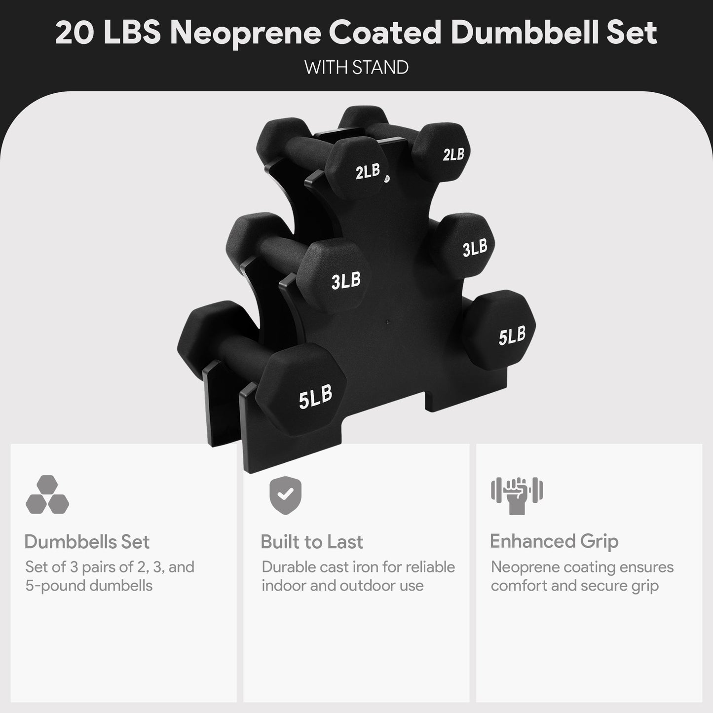 Conjunto de halteres BalanceFrom Fitness de 20 libras revestidos de neoprene com suporte, preto