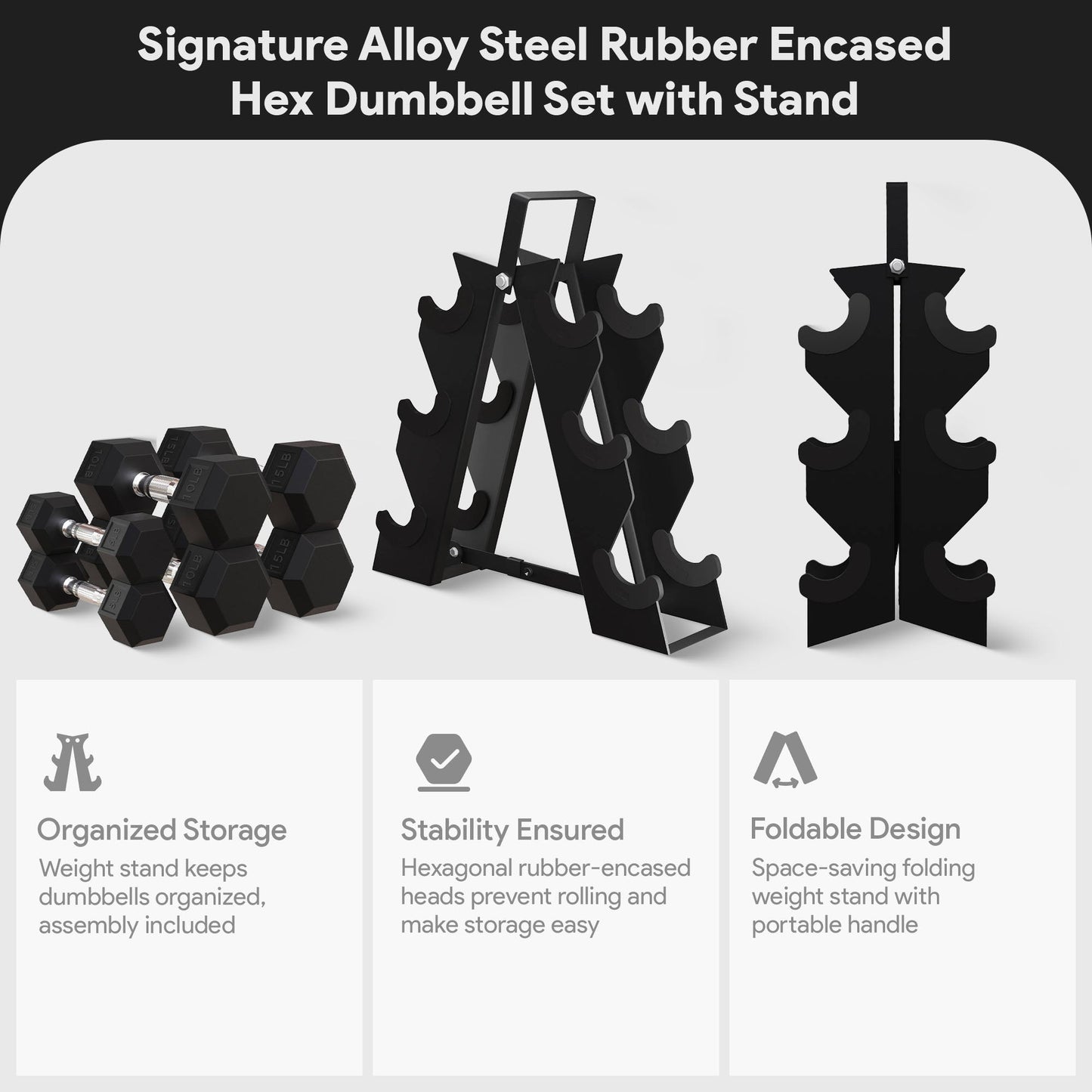 Conjunto de halteres sextavados com revestimento de borracha e liga de aço BalanceFrom Fitness Signature, preto