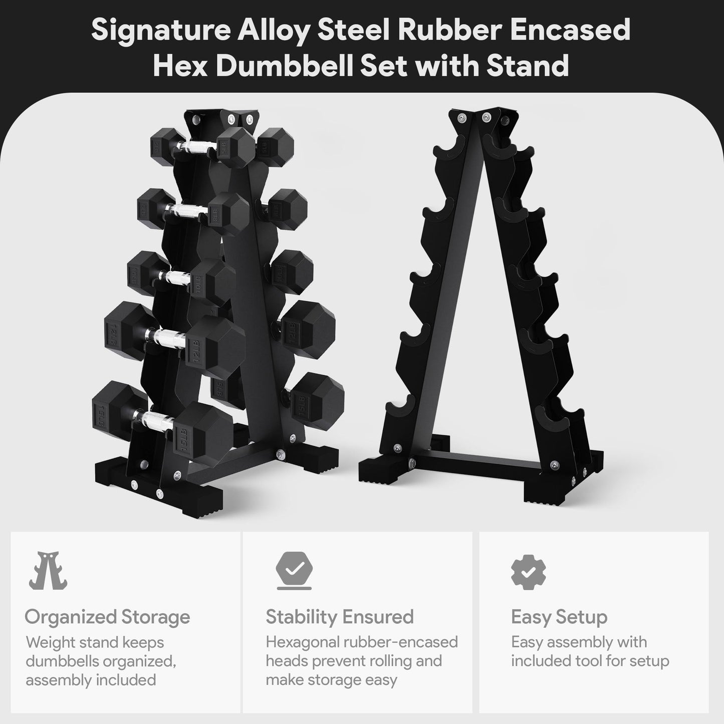 Conjunto de halteres sextavados com revestimento de borracha BalanceFrom Signature Alloy Steel Fitness, preto