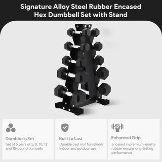 Conjunto de halteres sextavados com revestimento de borracha BalanceFrom Signature Alloy Steel Fitness, preto