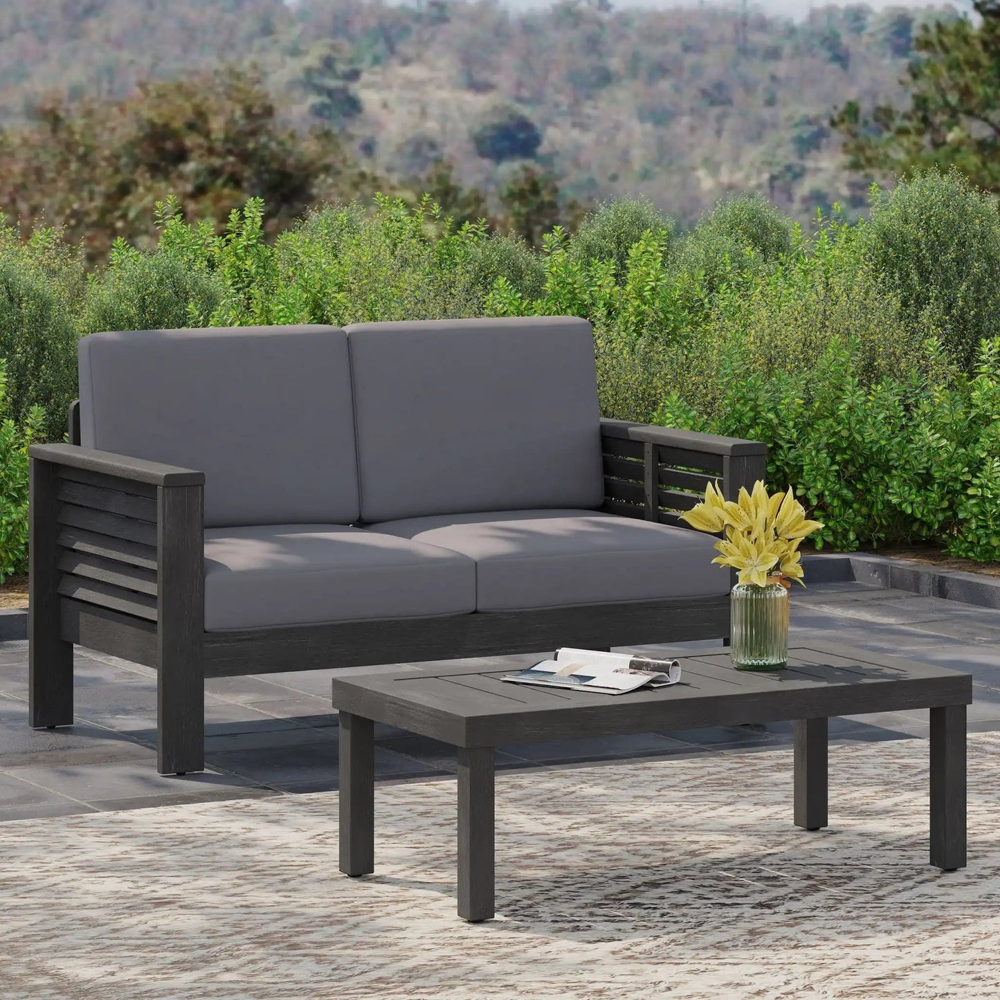 Acacia Wood Loveseat and Coffee Table Set with Cushions