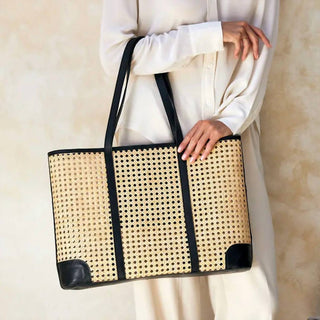 The Winding Road - Cane Weave Tote Oversized Leather Trim Bag