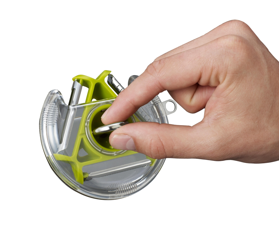 Descascador de legumes de cozinha, ralador e fatiador redondo, rotativo portátil com três lâminas e lâmina julienne para tiras superfinas