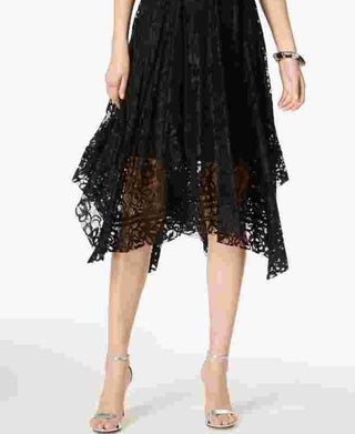 Vestido feminino Taylor estampado com bainha de lenço e renda, preto, tamanho 4