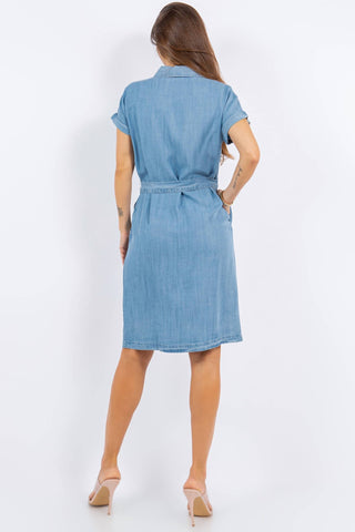 Paparazzi - Vestido camisa jeans tencel manga curta com cinto
