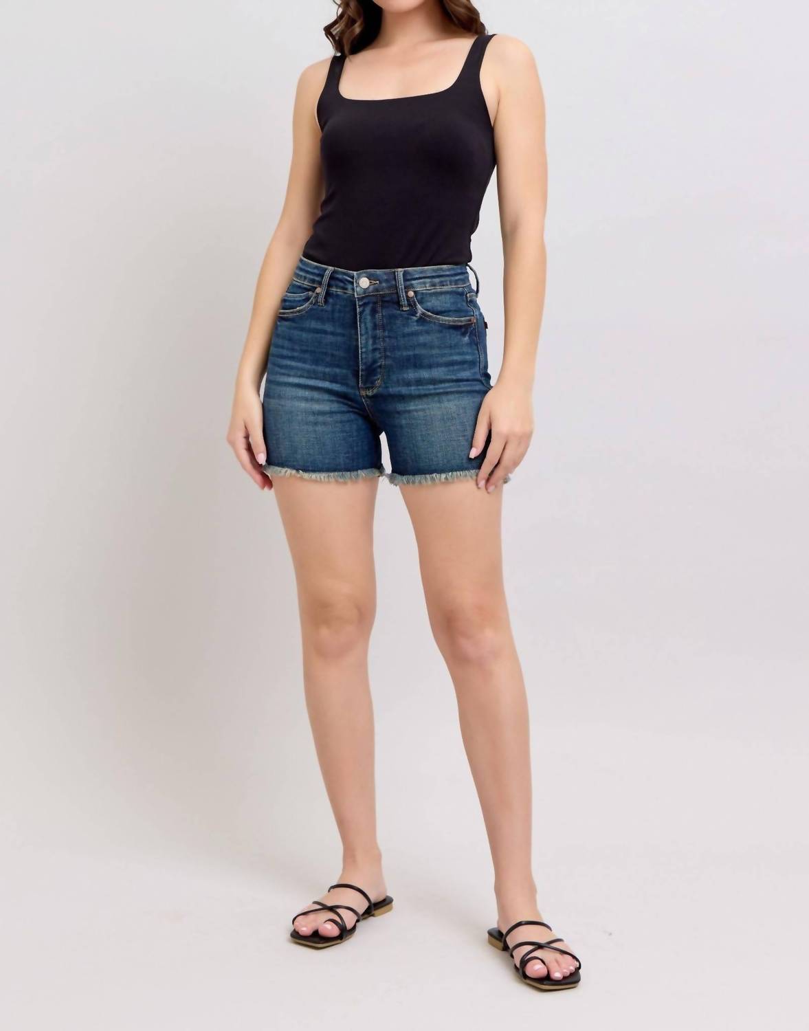 Judy Blue - High Waist Tummy Control Fray Hem & Shield Back Pockets Denim Short