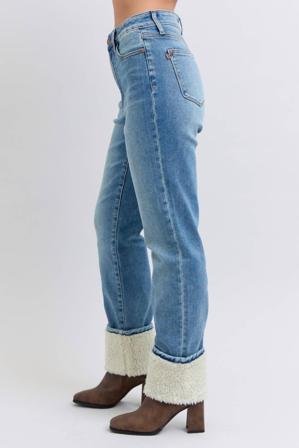 Judy Blue - High Waist Shearling Cuff Straight Leg Jeans