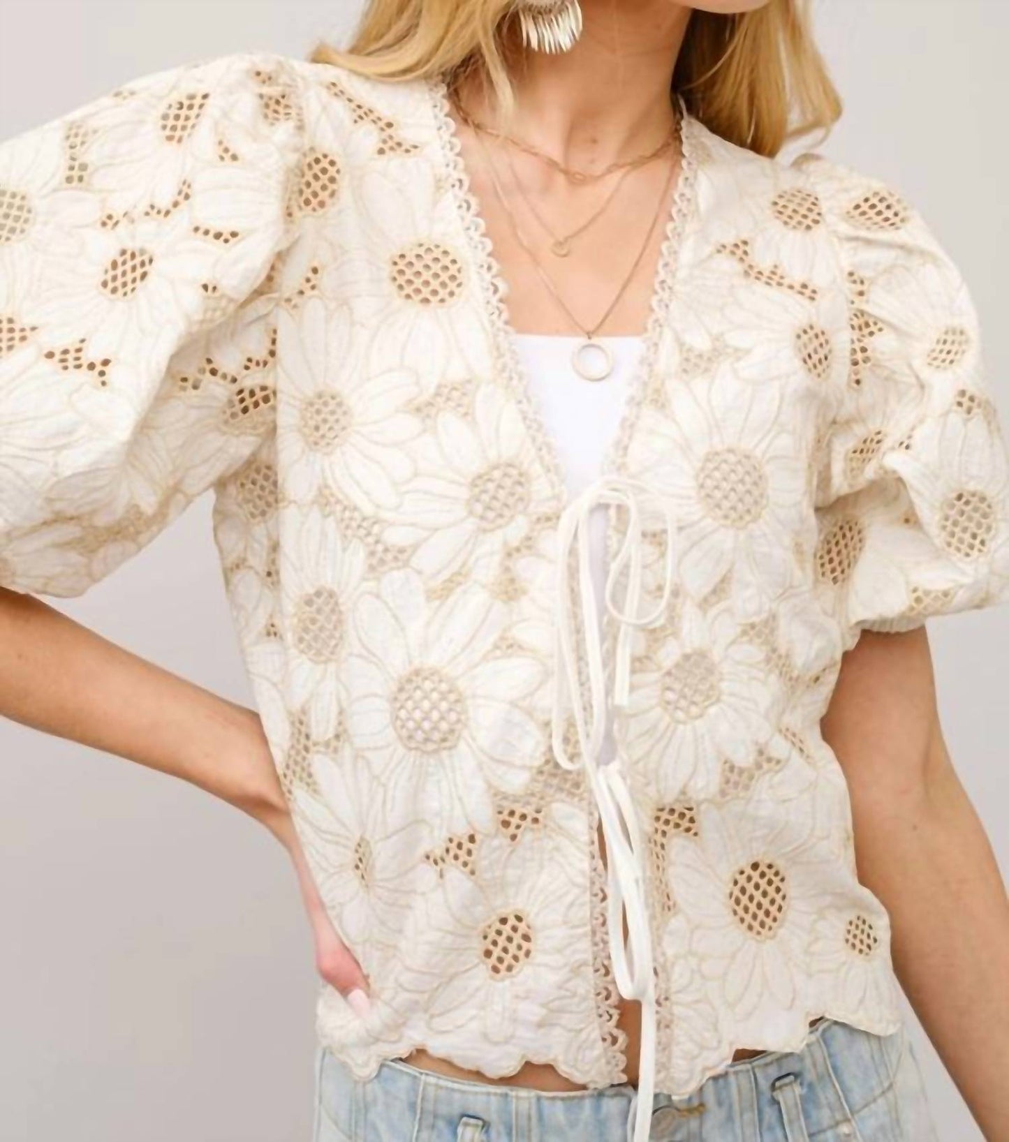 Blue B - METALLIC EMBROIDERED TIE FRONT SCALLOP HEM TOP