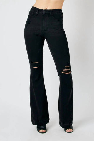 Judy Blue - Calça Jeans Flare Destroy com Controle de Barriga de Cintura Alta