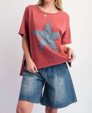 Easel - Star Studded Patch Mineral Washed Top - Plus