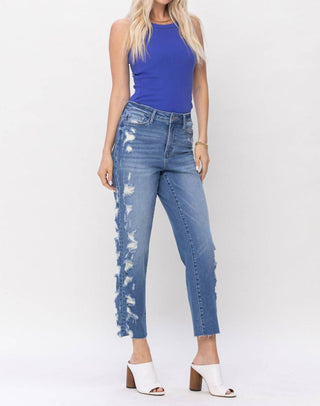 Judy Blue - Calça jeans cropped de cintura alta com costura lateral destruída