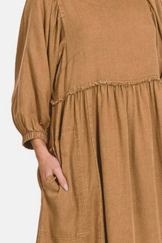 Zenana - Washed Linen Pleated Puff Sleeve Babydoll Dress