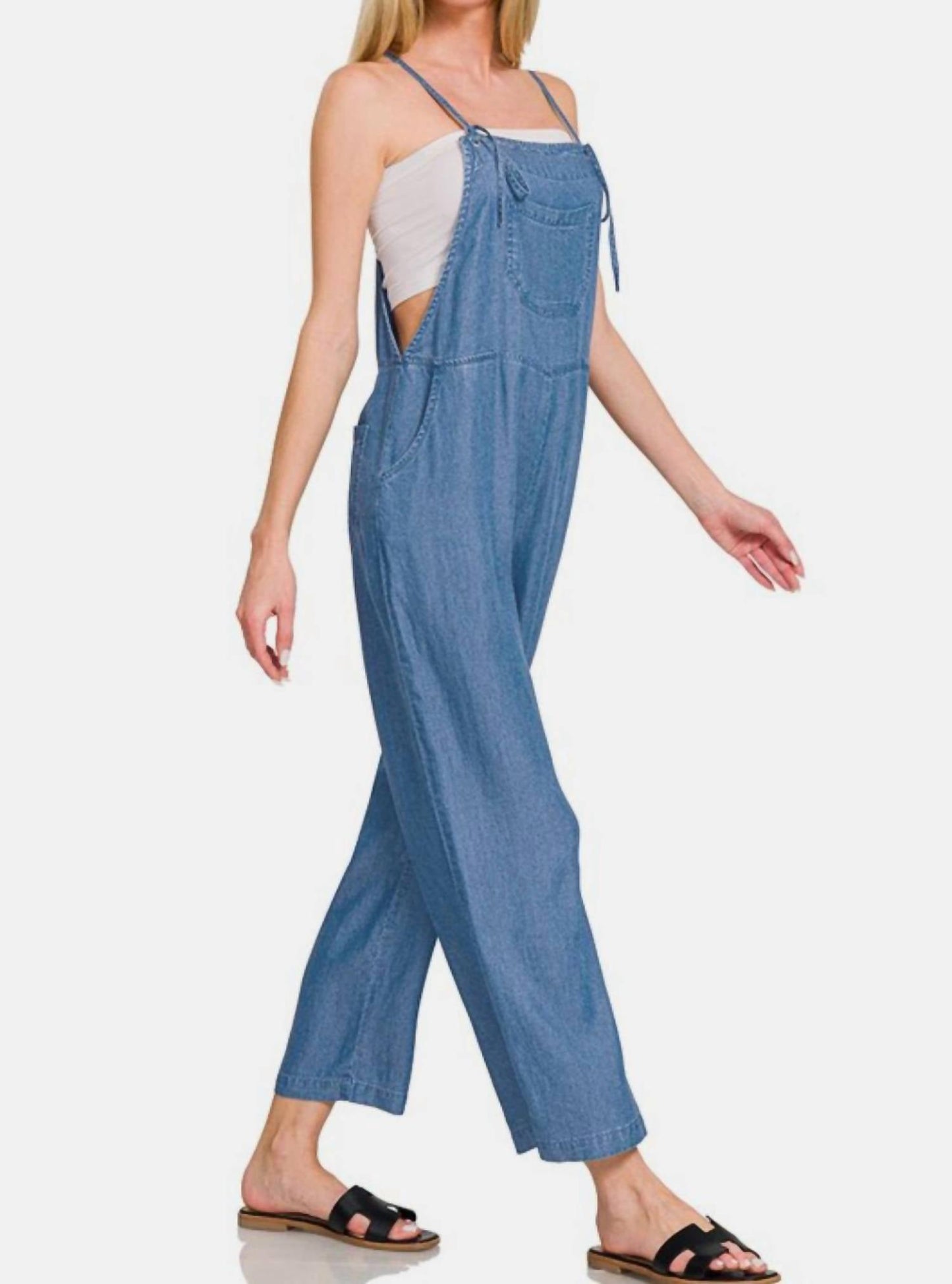 Zenana - Adjustable Strap Denim Looking Jumpsuit