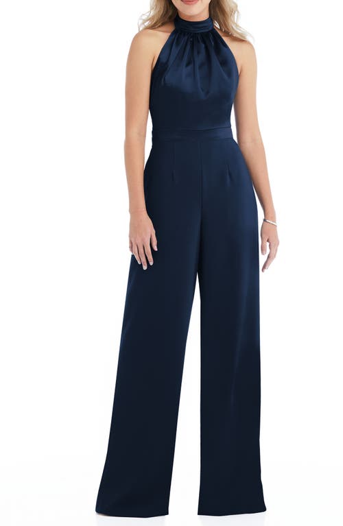 After Six Halter Neck Satin Charmeuse & Crepe Jumpsuit in Midnight, Size 8