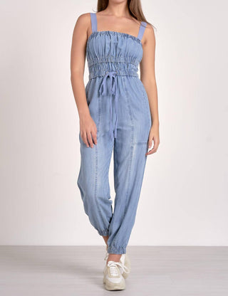 Elan - Smocking And Tie Waist Denim Jumpsuit
