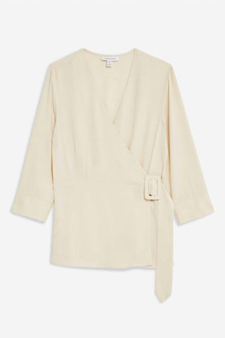 Topshop - Blusa de crepe com decote em V, manga 3/4 e cinto