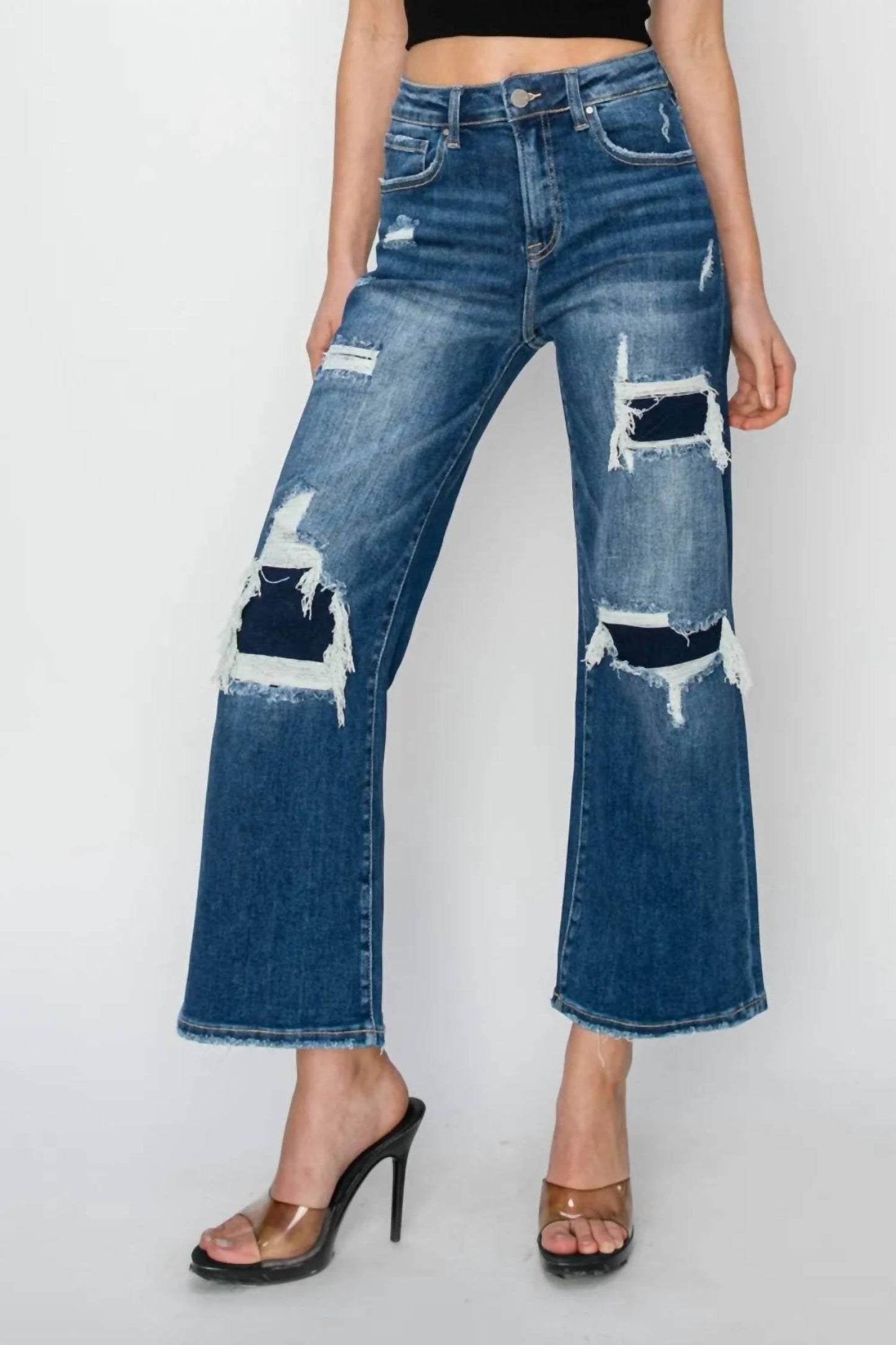Risen - Full Size High Rise Patch Detailed Wide Leg Crop Jeans