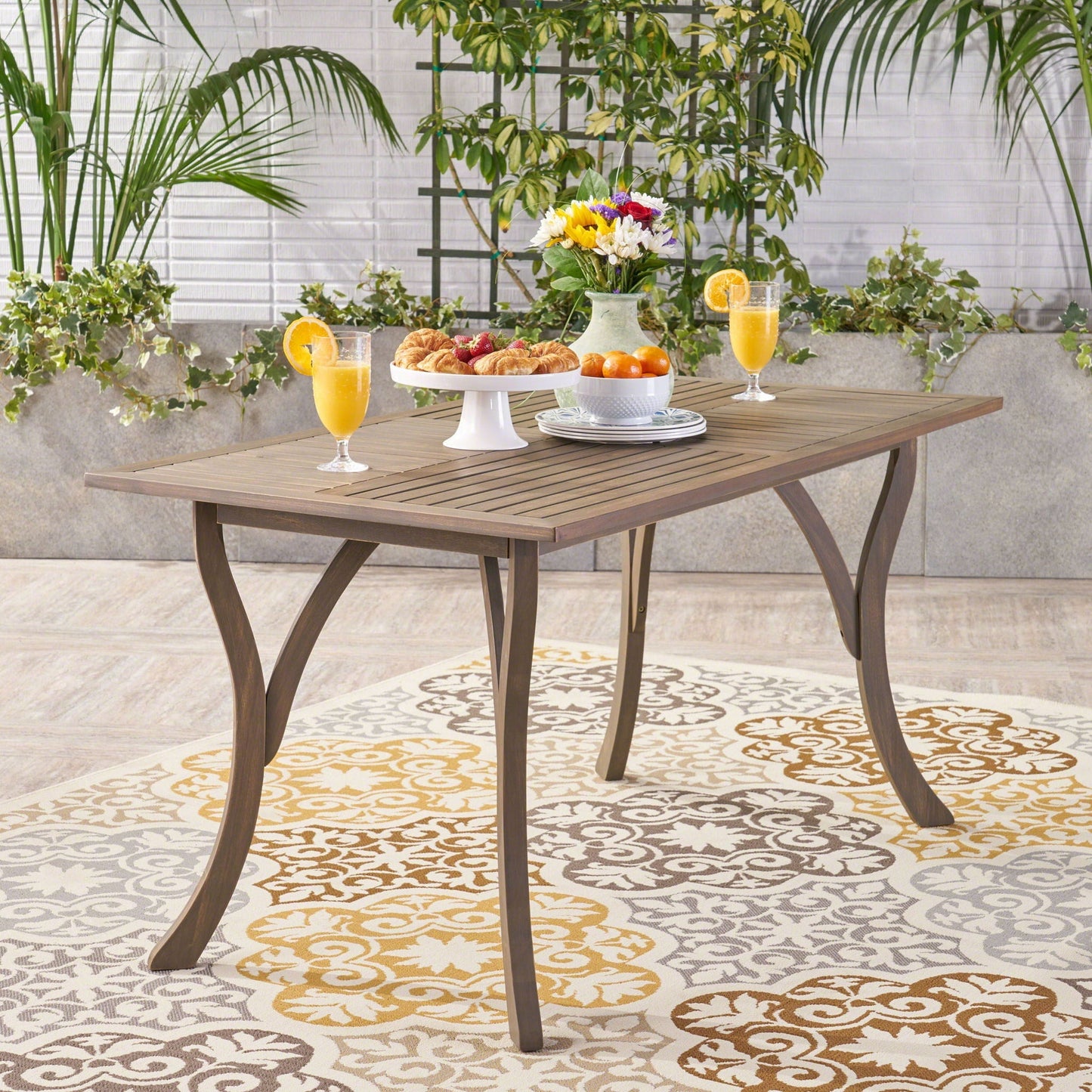 Transitional Acacia Wood Dining Table with Slat Panel Top - Gray