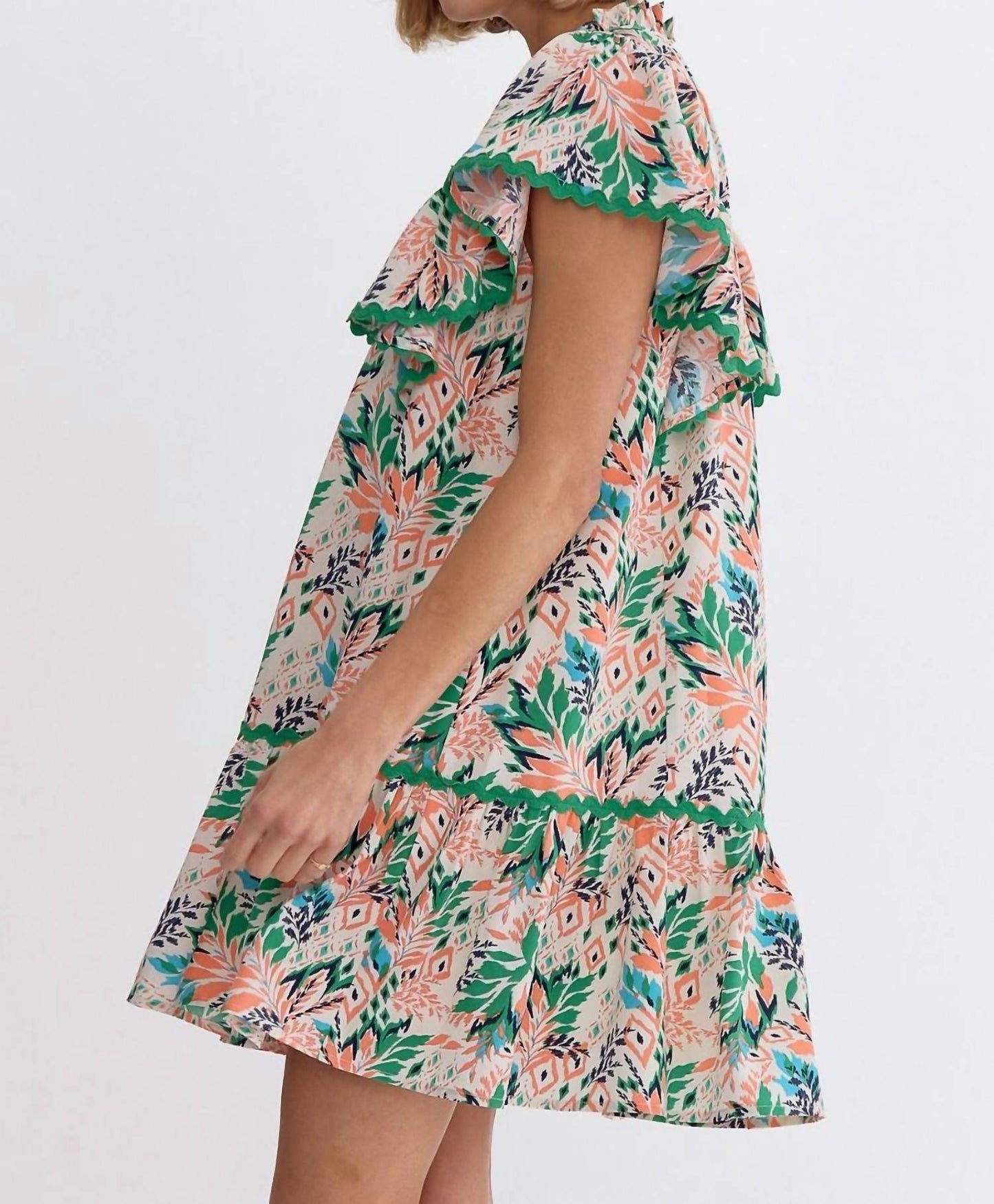 Entro - Leaf Print V-Neck Mini Dress