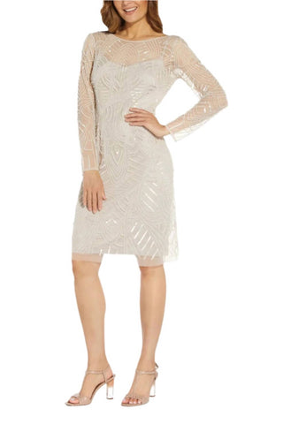 Adrianna Papell - Long Sleeve Embellished Mesh Dress