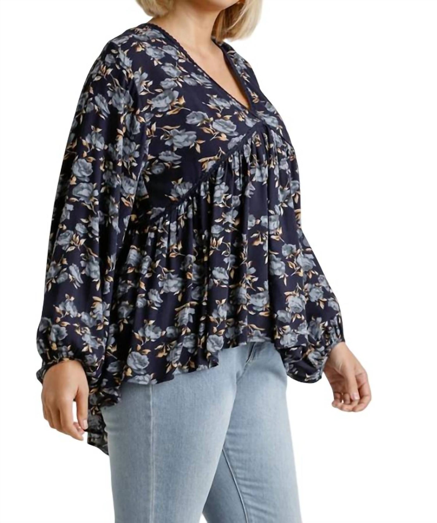 Umgee - Floral Lace Trim High Low Babydoll Top - Plus