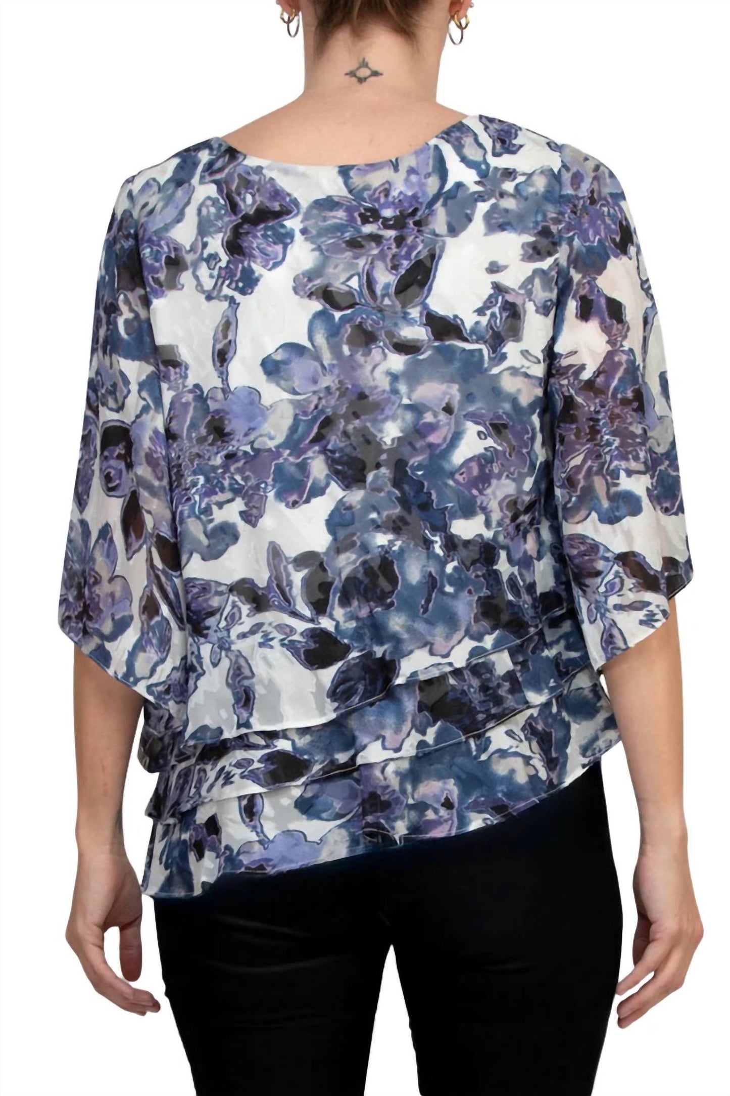 Alex Evenings - 3/4 Sleeve Asymmetrical Triple Tier Hem Chiffon Top