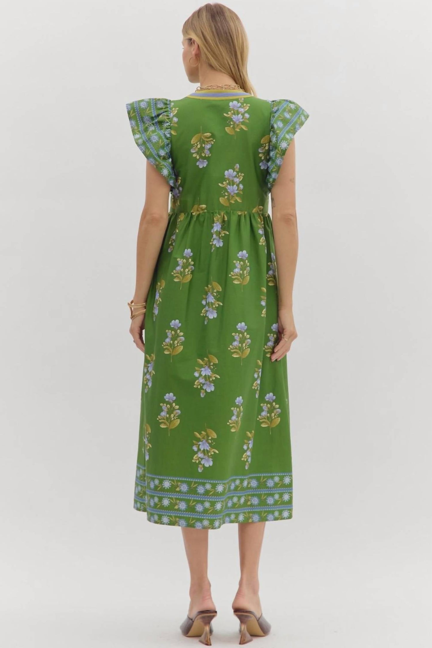 Entro - Split Neck Floral Framed Midi Dress