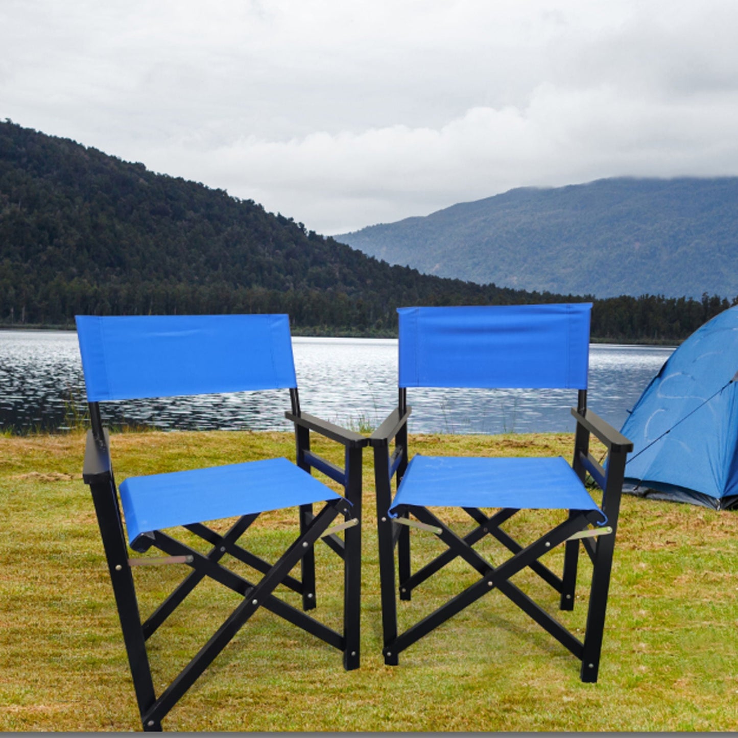 Folding Wooden Director Chairs with Blue Canvas (Set of 2)