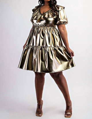 The Curve La - Plus Size Faux Leather Tiered Puff Sleeve Short Dress
