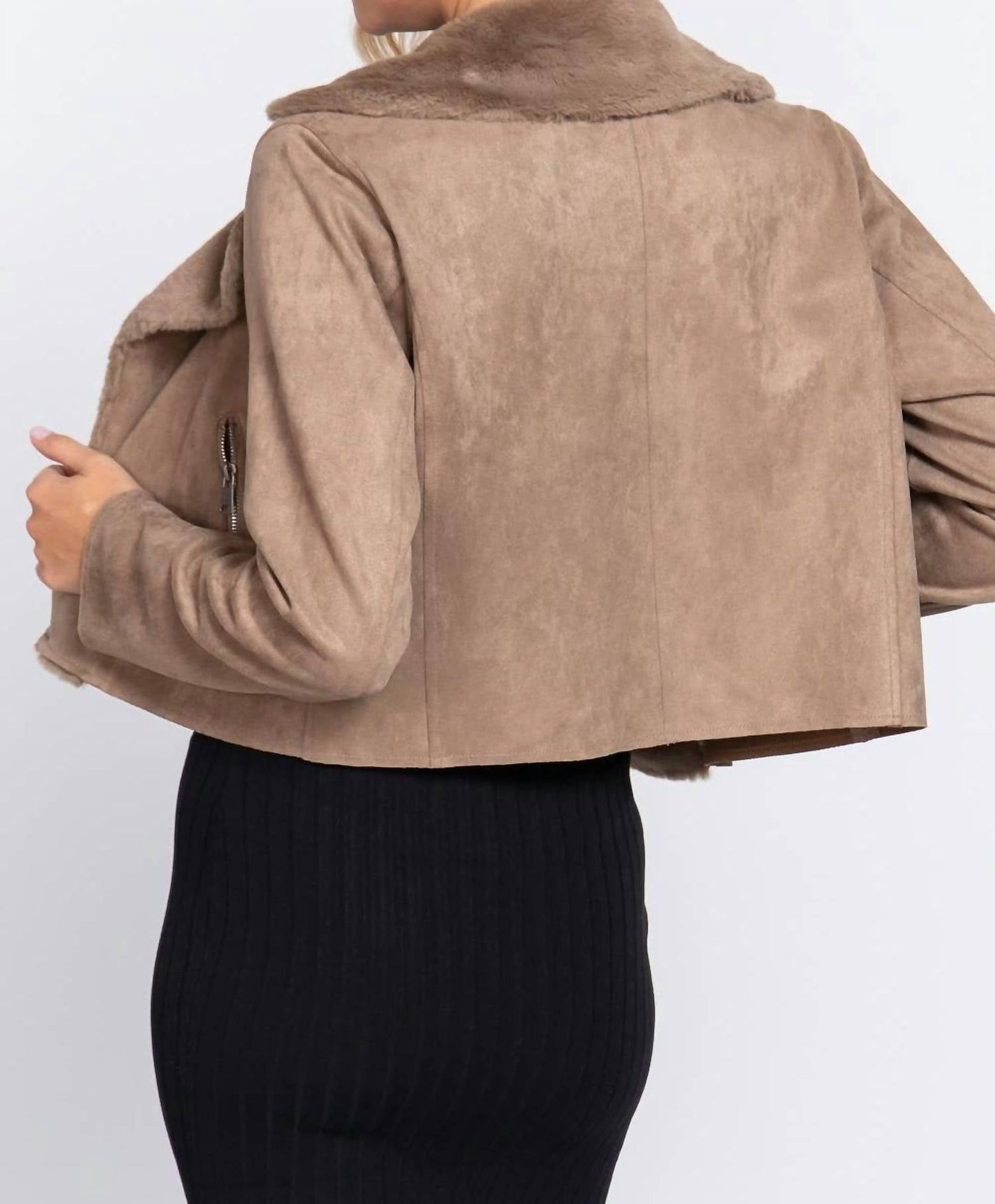 Active Basic - Women's Lapel Collar Fur Detail Faux Suede Biker Jacket