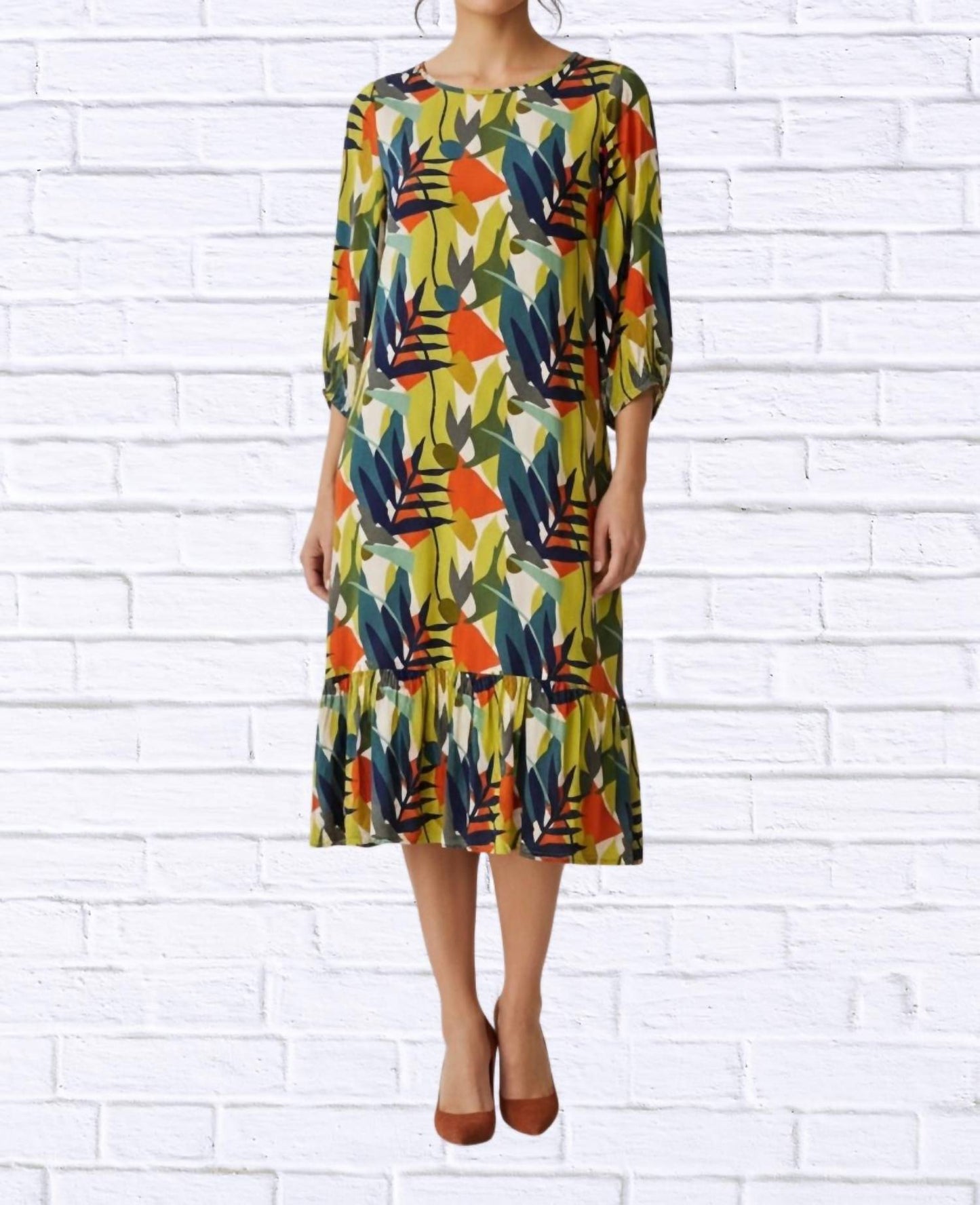 Calypso - Abstract Leaf Print Woven Midi Dress