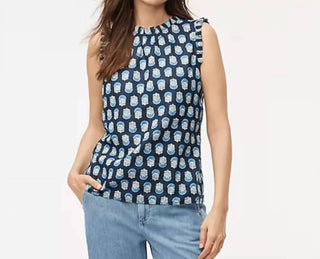 J.Crew - Blusa com babados e decote em V em mistura de linho estampado