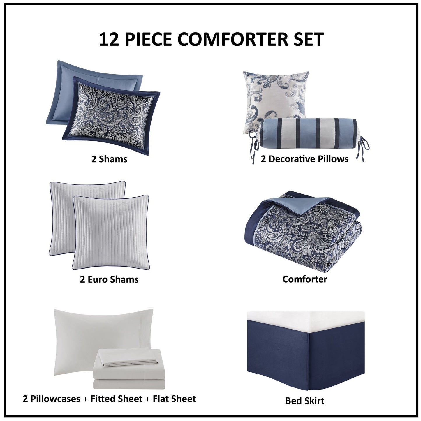 12 Piece Comforter Set with Cotton Bed Sheets Navy Queen