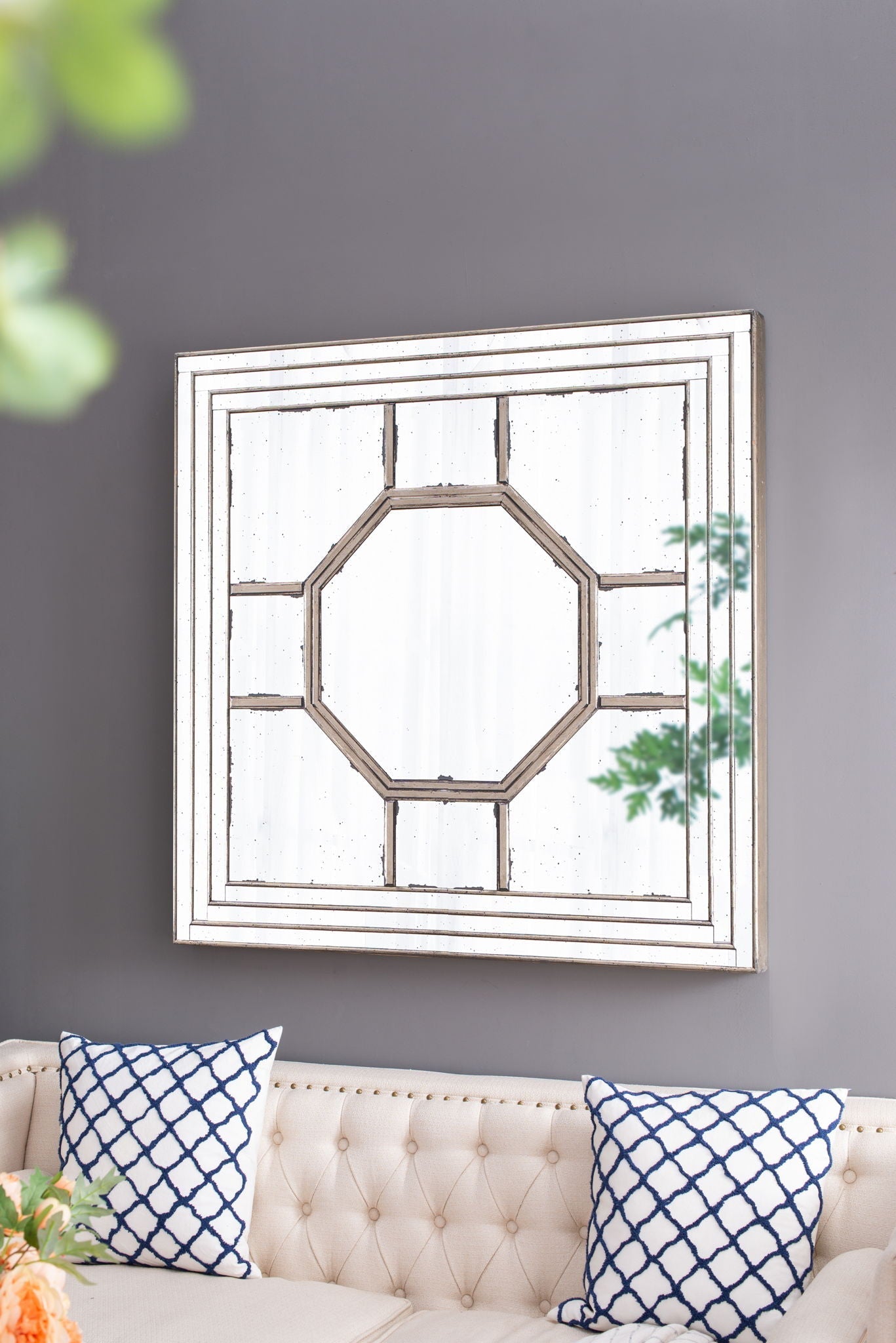 Antique Style Decorative Square Wall Mirror with Mirrored Frame