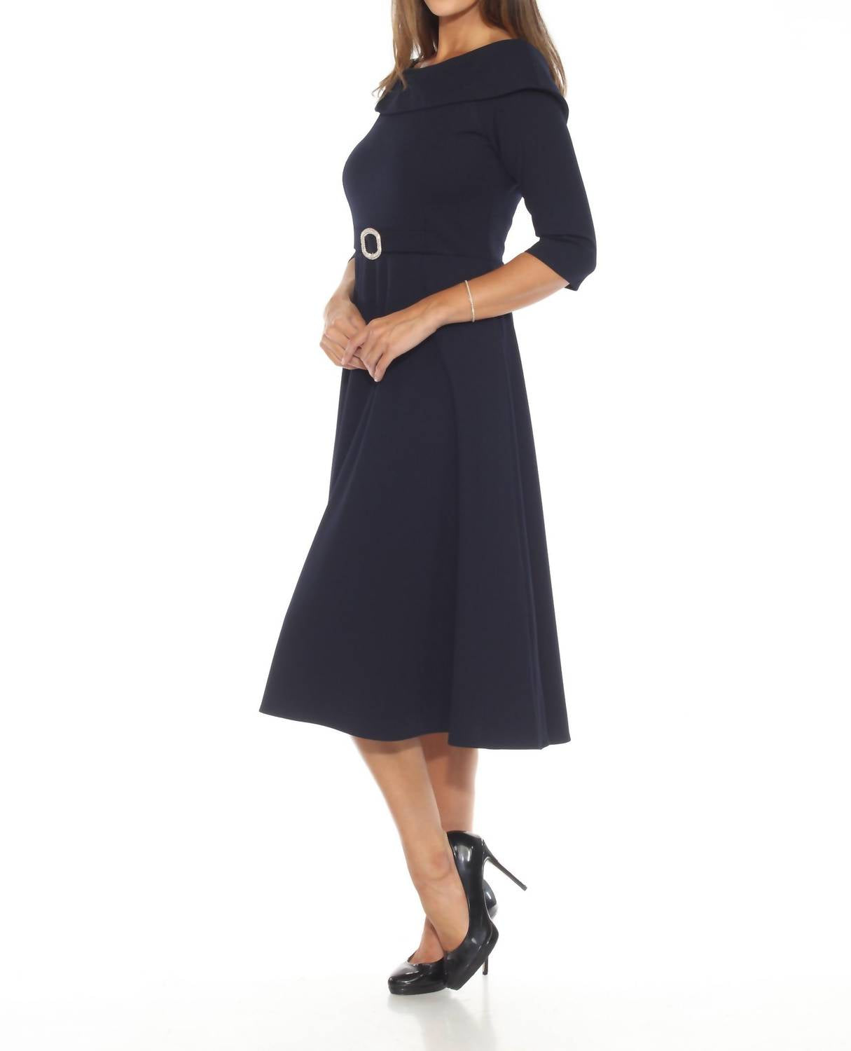 Joseph Ribkoff - Rhinestone Buckle Off-shoulder Midi Dress