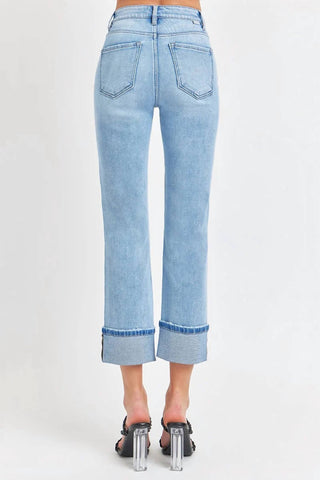 Risen - Calça Jeans Reta com Punhos e Cintura Alta