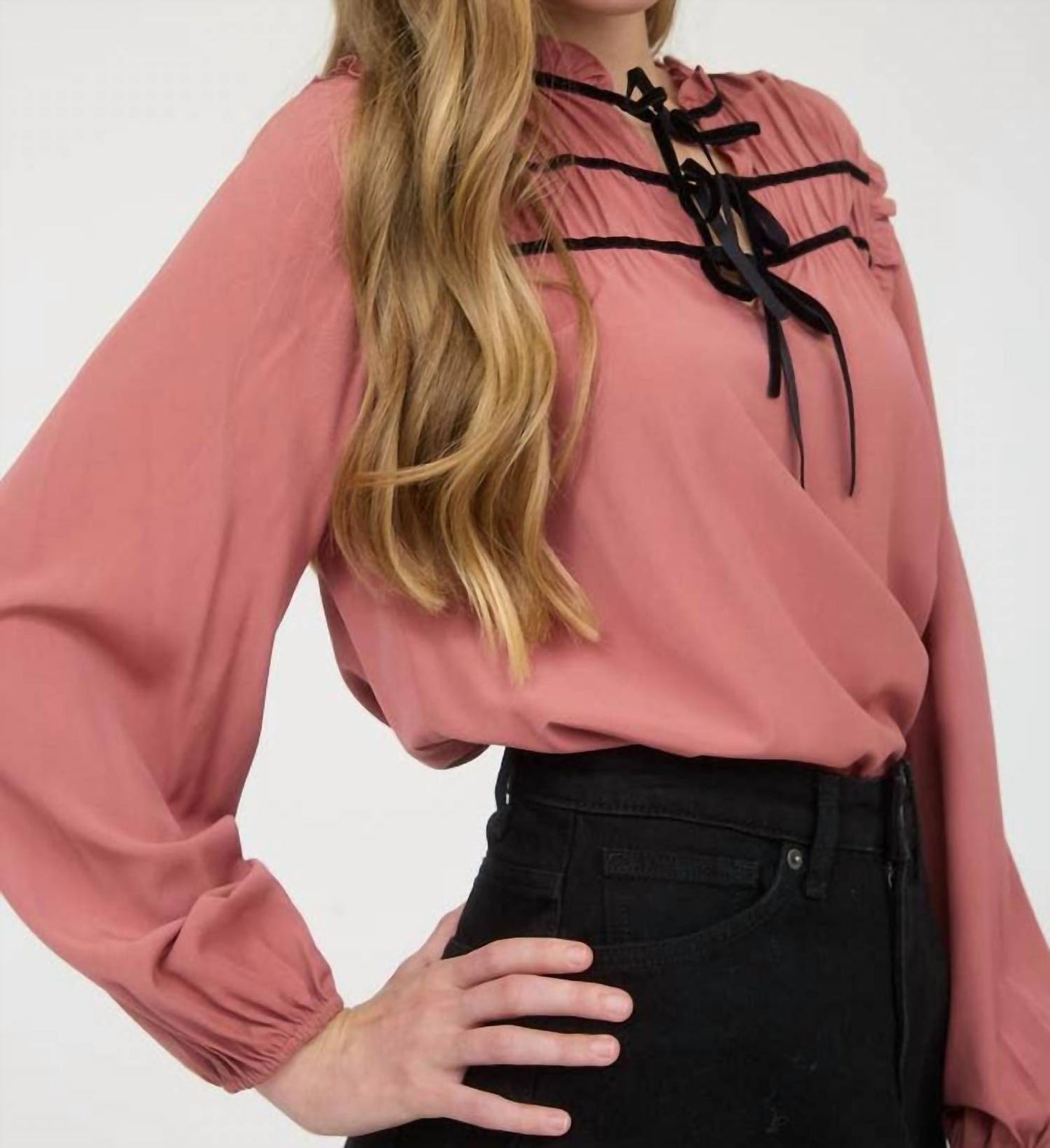 Blu Pepper - Ribbon Bow Tie Yoke Long Sleeve Top