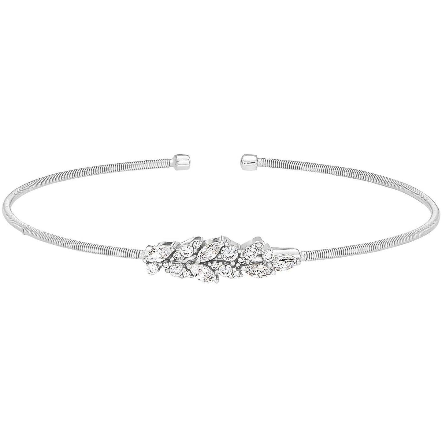 Bella Cavo - Rhodium Cable Cuff Bracelet with Simulated Diamond Leaf Pattern