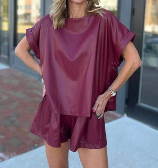 Klesis - Faux Leather Oversized Top And Shorts Set