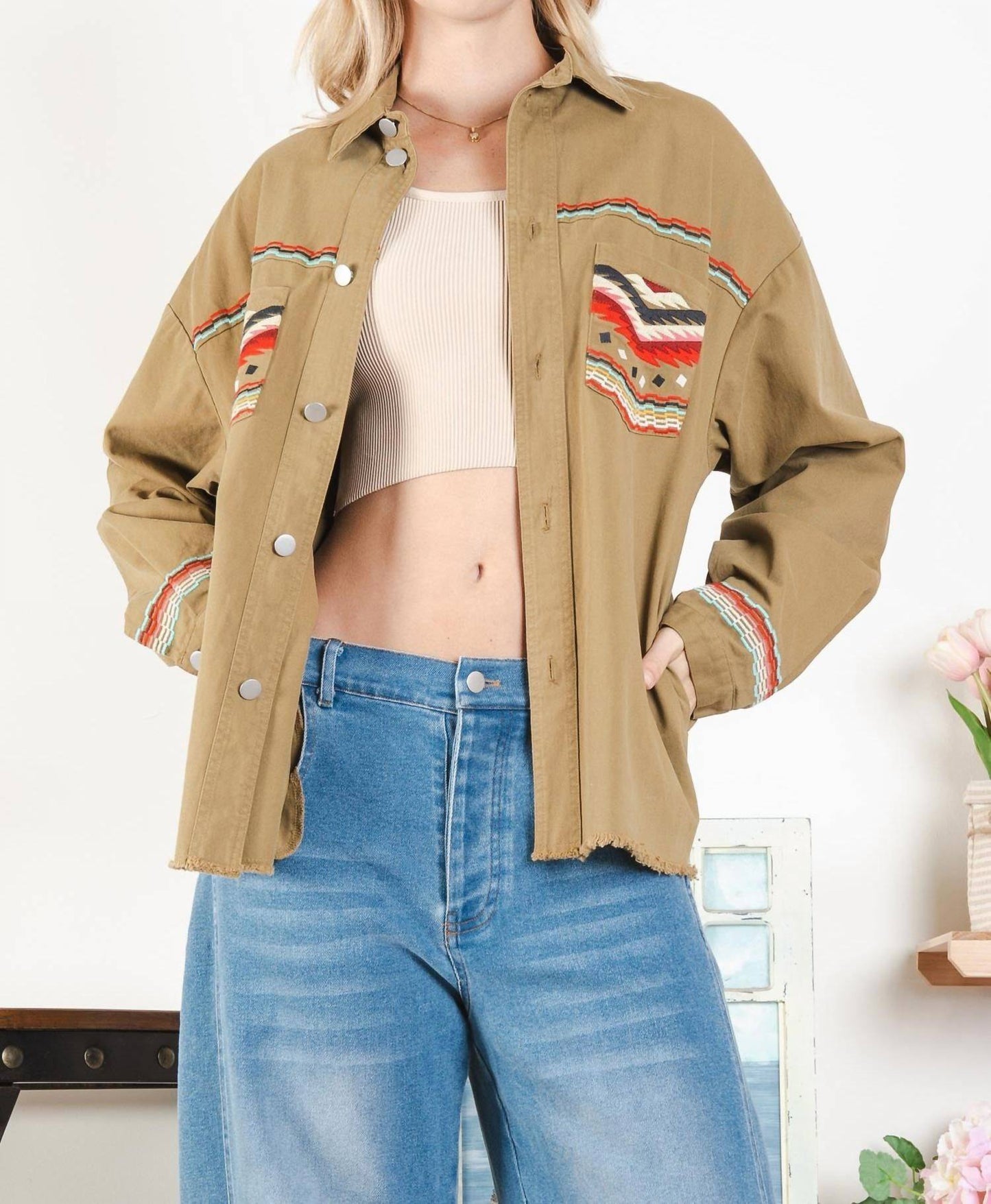 Blue Velvet - Women's Aztec Embroidered Button Down Twill Jacket