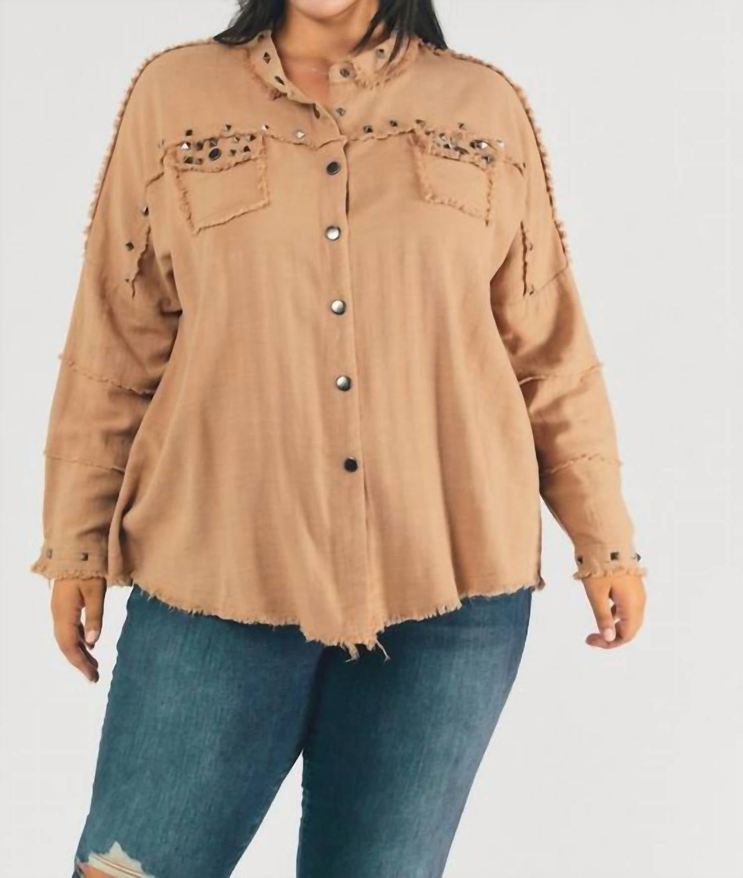 Davi & Dani - Plus Distressed Hem Button Down Oversize Shirt