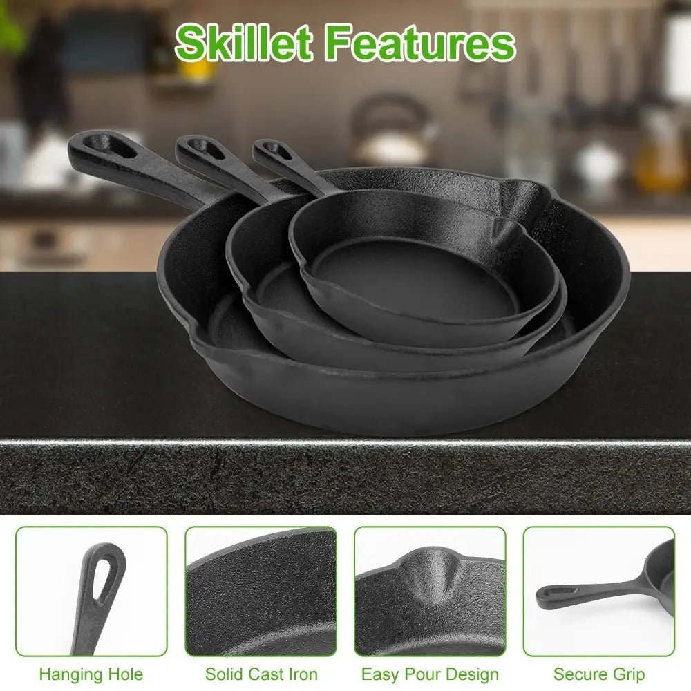 3-piece Pre-seasoned Cast Iron Skillet Set