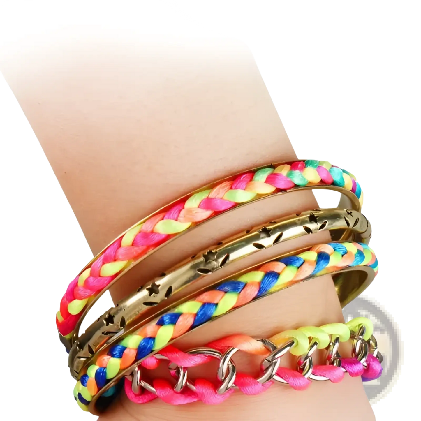 4 Piece Neon Braided Bangle Set with Gold Star Accents