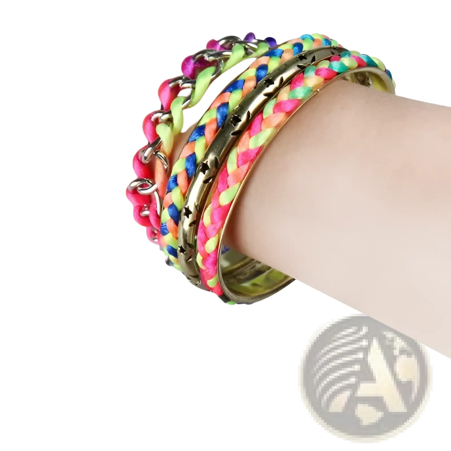 4 Piece Neon Braided Bangle Set with Gold Star Accents