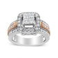 14K White and Rose Gold 1 1/8 Cttw Princess and Round-Cut Diamond Art Deco Style Triple Shank Halo Cocktail Ring (I-J Color, SI2-I1 Clarity) - Size 7