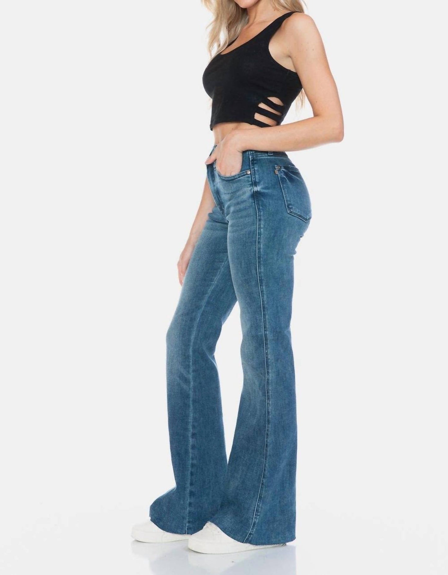Judy Blue - Mid Rise Medium Wash Tummy Control Cut Hem Flare
