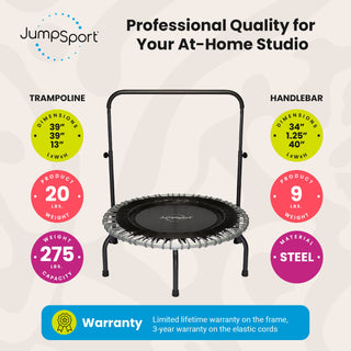 Pacote de trampolim fitness JumpSport 350 Series de 39" e barra de apoio, elásticos ajustáveis, pernas arqueadas estáveis ​​e sem tombamento, além de teste de streaming por 60 dias